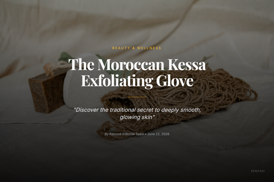 A set of two traditional Moroccan Kessa exfoliating gloves in different colors, resting on a textured towel with