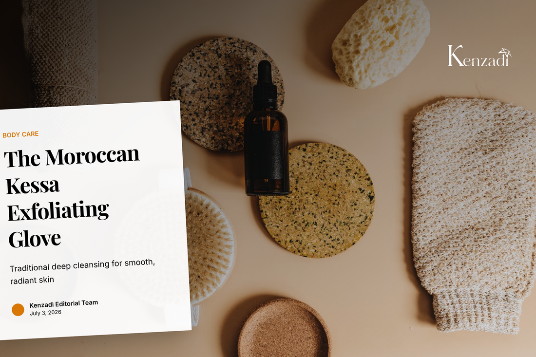 A traditional Moroccan Kessa exfoliating glove in beige, lying on a textured towel with dried lavender, showcasing its