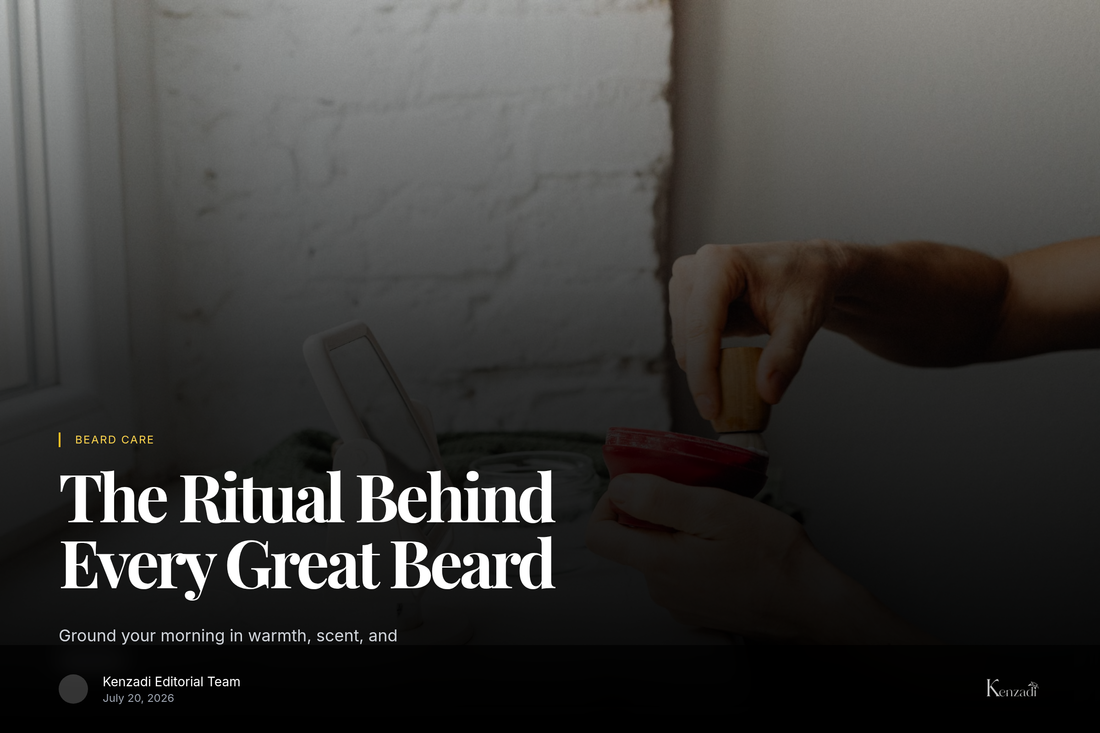 Man applying Azbane tobacco and patchouli scented Moroccan argan oil beard balm during his morning grooming routine