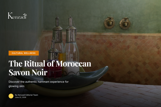Traditional Moroccan hammam scene with black soap paste, a kessa glove, and brass bowls on a stone bench,