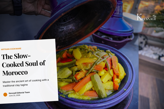 A traditional glazed Moroccan tagine with a conical lid, simmering on a low flame with steam rising, surrounded