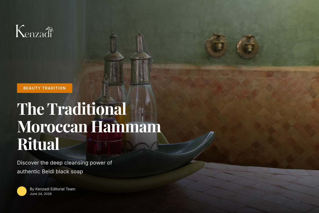 Traditional Moroccan hammam setting with black soap paste, a kessa glove, and copper bowls on a stone bench