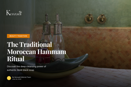 Traditional Moroccan hammam setting with black soap paste, a kessa glove, and copper bowls on a stone bench