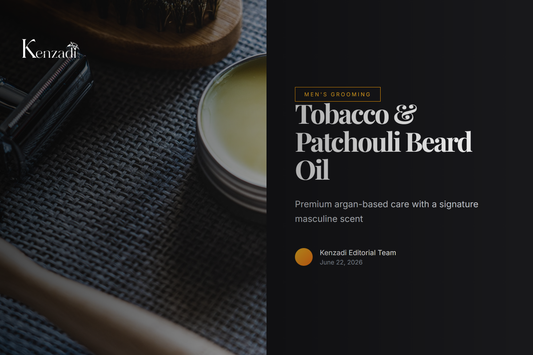 A stylish bottle of Azbane Tobacco & Patchouli Beard Oil next to a well-groomed beard on a dark