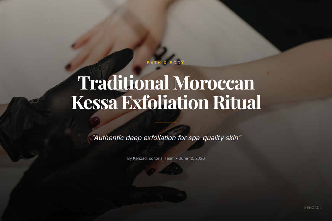Moroccan exfoliating Kessa glove with argan oil on textured bathroom tile