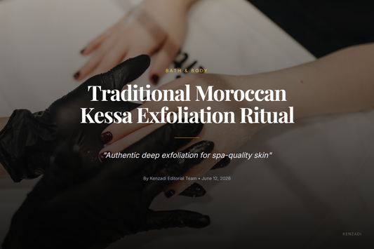 Moroccan exfoliating Kessa glove with argan oil on textured bathroom tile