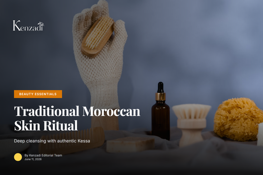 Moroccan Kessa exfoliating glove with argan oil bottle on marble surface