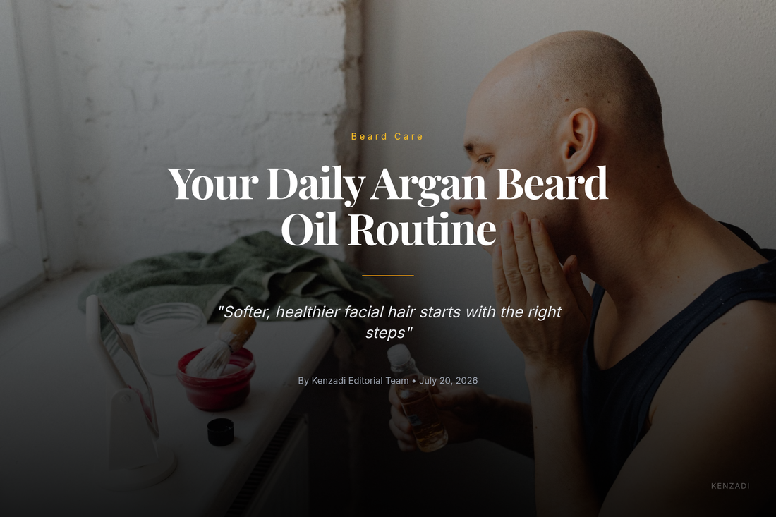 Bottle of Azbane Tobacco and Patchouli argan-based beard oil beside a beard grooming setup