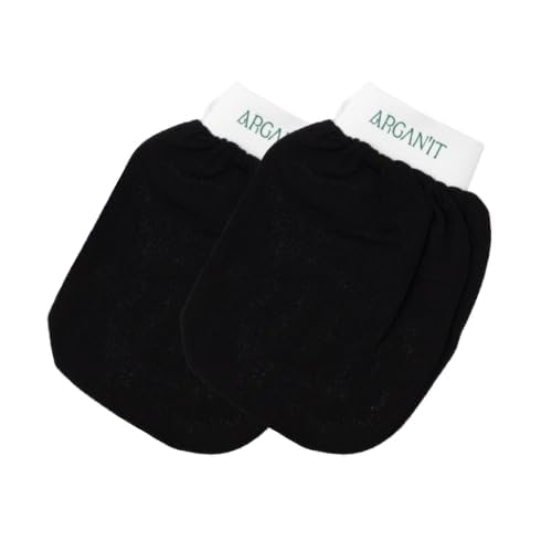 Two black Arganit exfoliating mitts without labels, showing their textured surfaces and white branded cuffs.