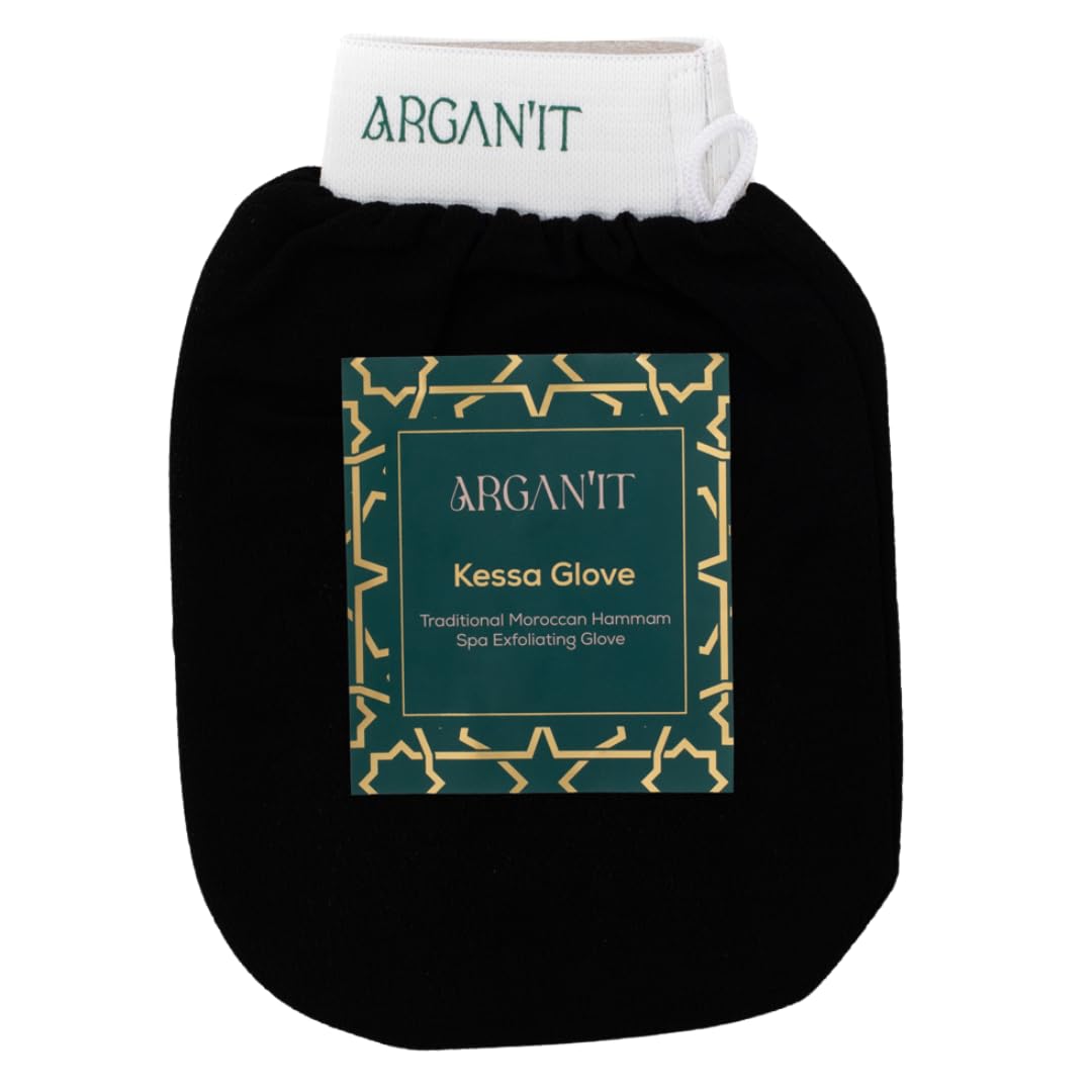 Black Arganit Moroccan Kessa glove with white cuff and green-and-gold product label.