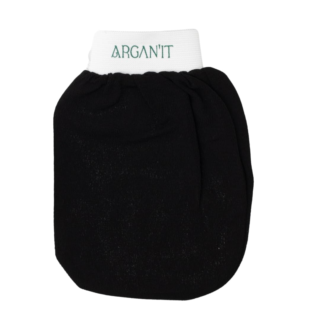 Black textured Arganit exfoliating Kessa mitt with a white branded cuff on a white background.