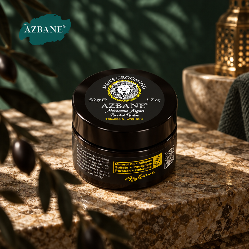 AZBANE Beard Balm jar open showing texture - warm natural setting