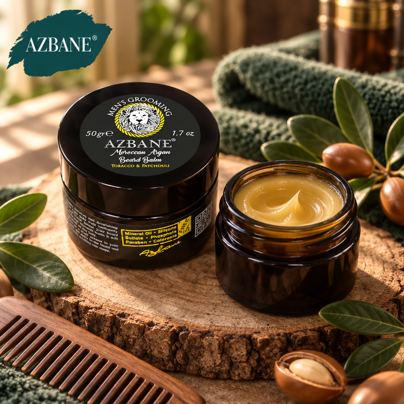 AZBANE Beard Balm 50g jar - olive branch and Moroccan lantern setting