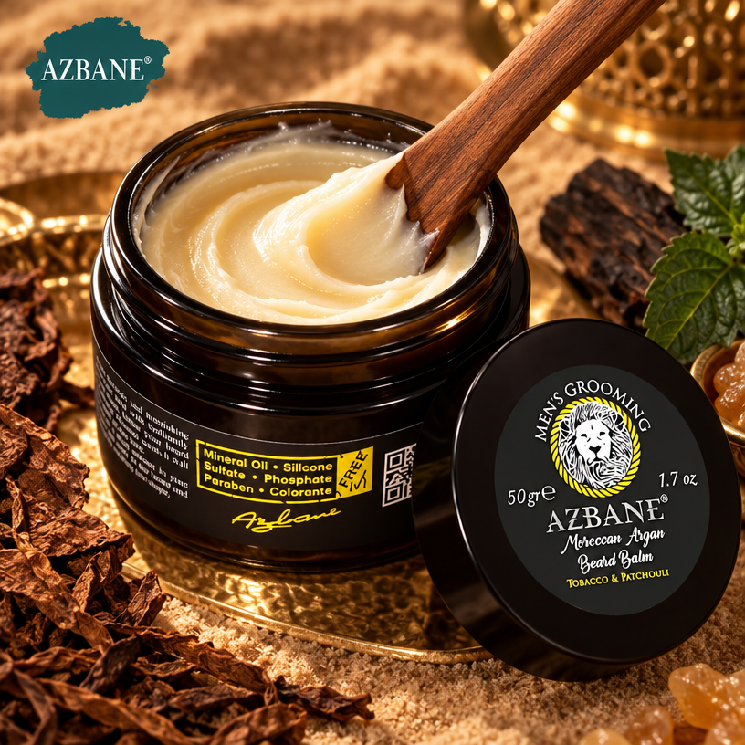AZBANE Beard Balm open jar with wooden spatula - gold hammam setting