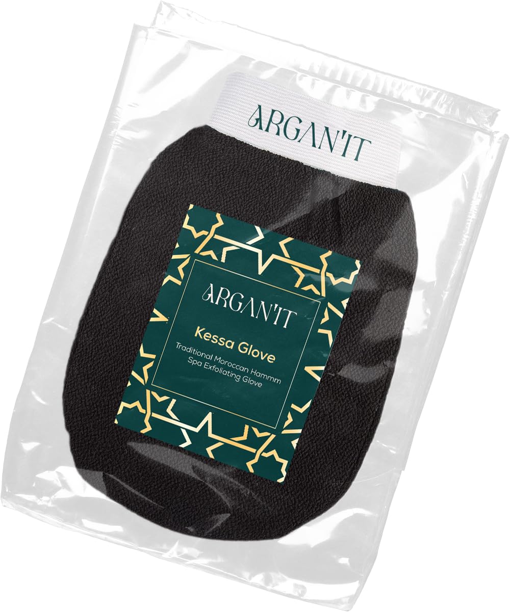 Arganit black Kessa glove in clear packaging with a green-and-gold label on a white background.