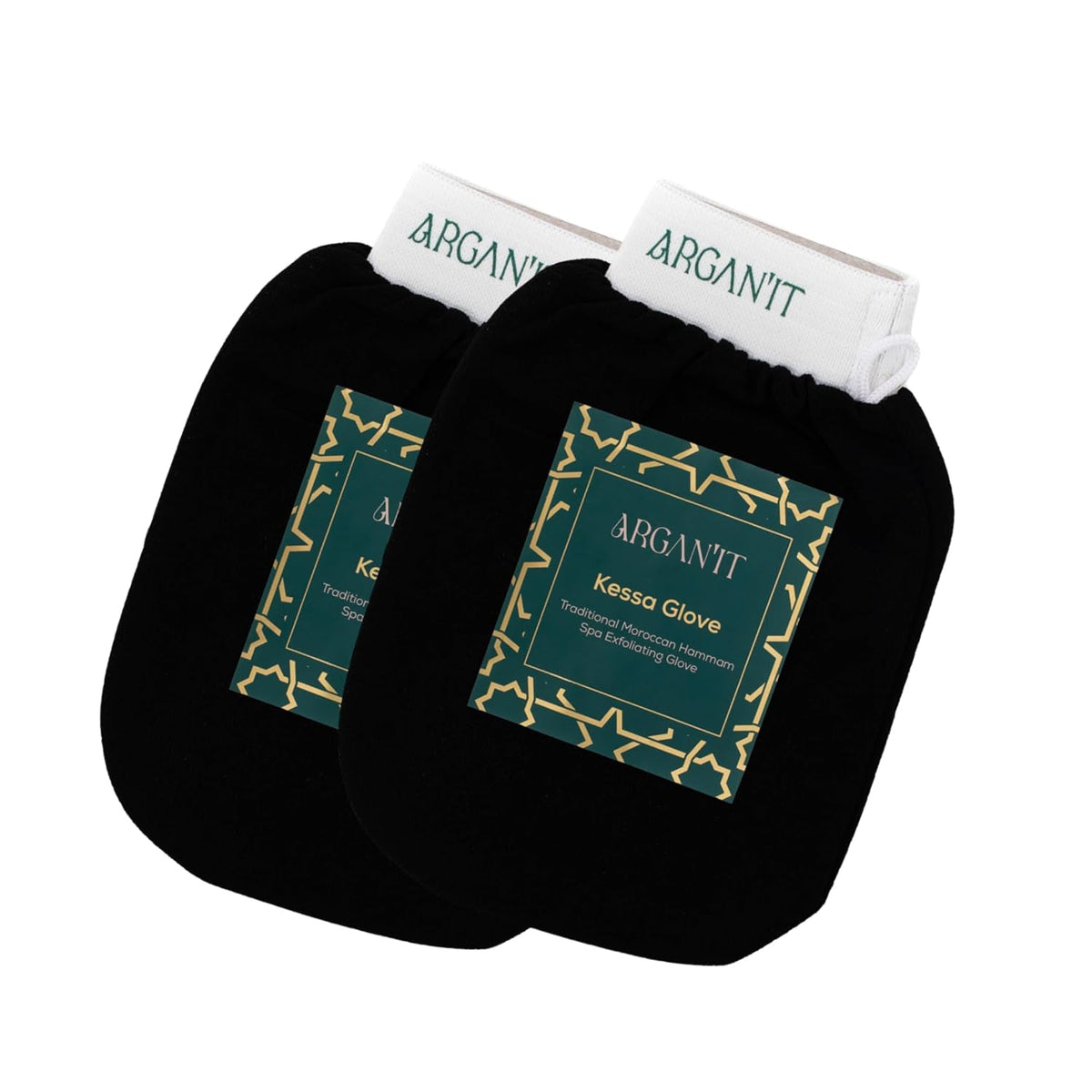 Two black Arganit Moroccan Kessa gloves with white cuffs and green-and-gold labels on a white background.