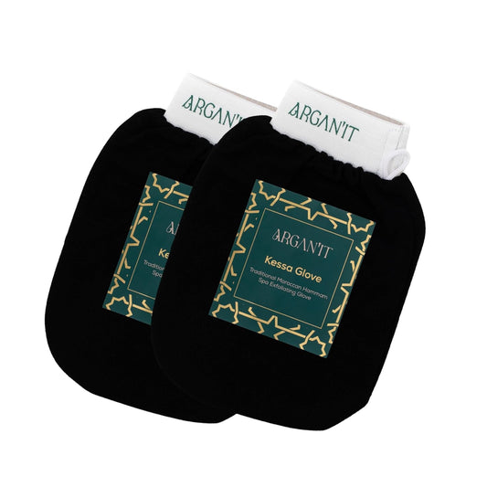 Two black Arganit Moroccan Kessa gloves with white cuffs and green-and-gold labels on a white background.