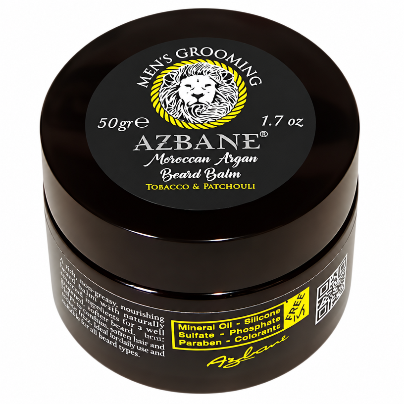 AZBANE Moroccan Argan Beard Balm Tobacco Patchouli 50g - dark background