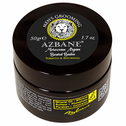 AZBANE Moroccan Argan Beard Balm Tobacco Patchouli 50g - dark background