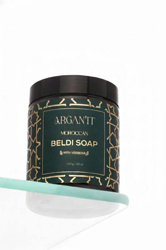 Argan'It Organic Moroccan Black Soap with Argan Oil & Verbena – Authentic Beldi Exfoliating Scrub, Traditional Hammam Savon Noir, 250g (8.8 oz)