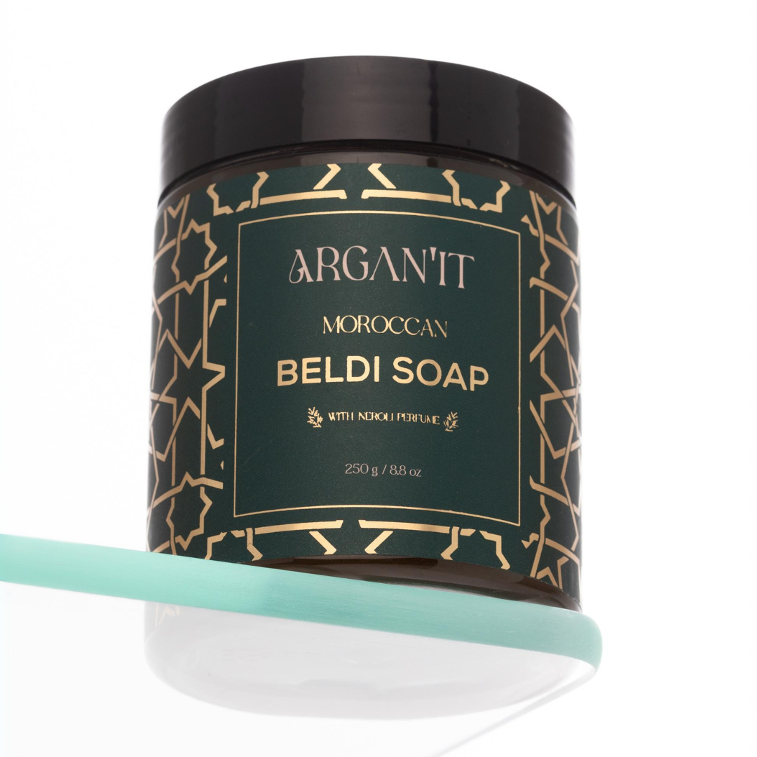 Argan'It Organic Moroccan Black Soap with Neroli – Authentic Beldi Exfoliating Scrub, Traditional Hammam Savon Noir, 250g (8.8 oz)