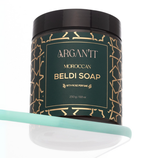 Argan'It Organic Moroccan Black Soap with  Rose – Authentic Beldi Exfoliating Scrub, Traditional Hammam Savon Noir, 250g (8.8 oz)