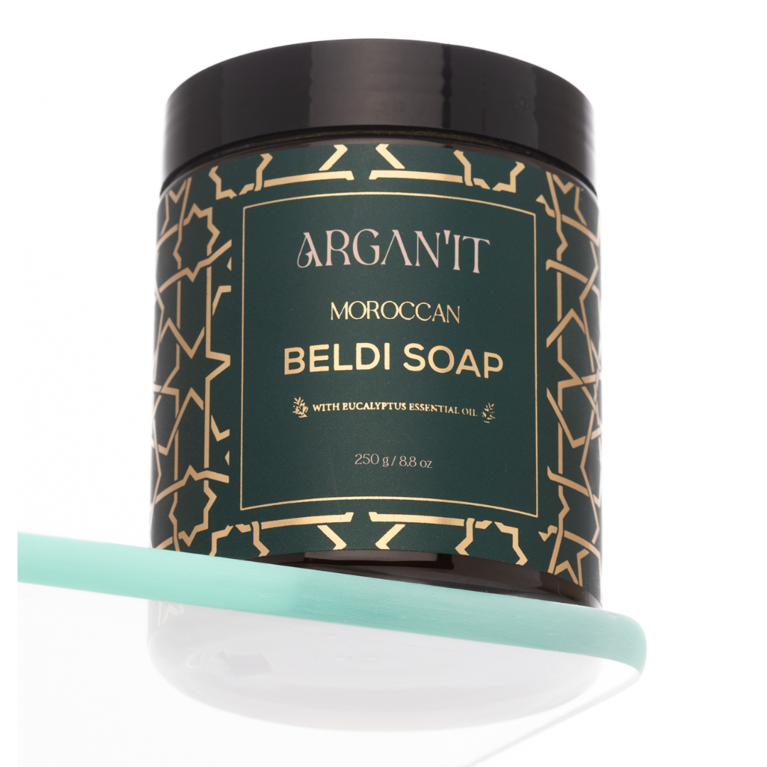 Argan'It Organic Moroccan Black Soap with Eucalyptus – Authentic Beldi Exfoliating Scrub, Traditional Hammam Savon Noir, 250g (8.8 oz)